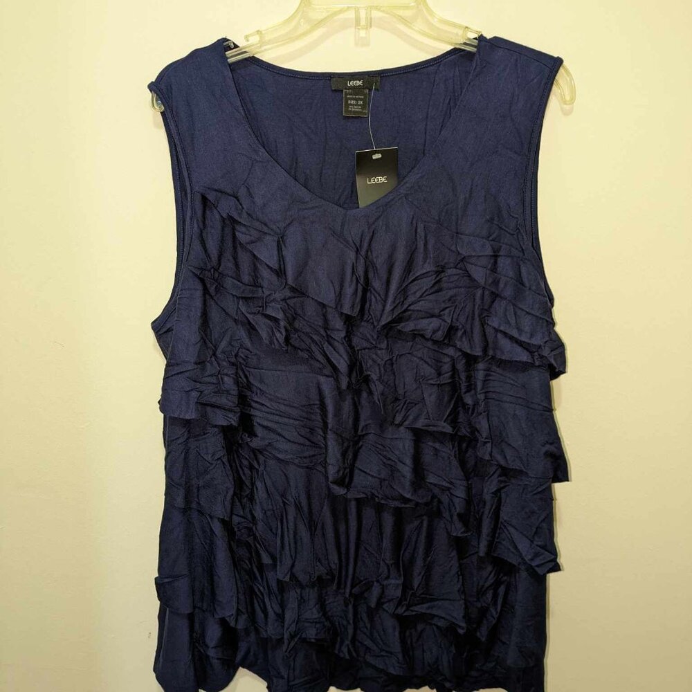 Leebe Sleeveless Ruffle Top - Navy Blue - 2x - NEW